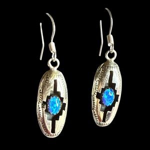 Felix Perry Navajo Sterling Silver Blue Lab Opal Inlay Dangle Earrings